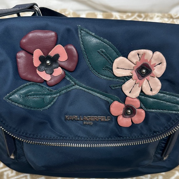 Karl Lagerfeld Paris Dark Blue Crossbody Messenger Bag with Floral Design - Picture 10 of 16